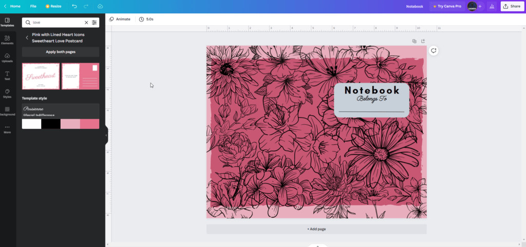 A pink notebook with flowers