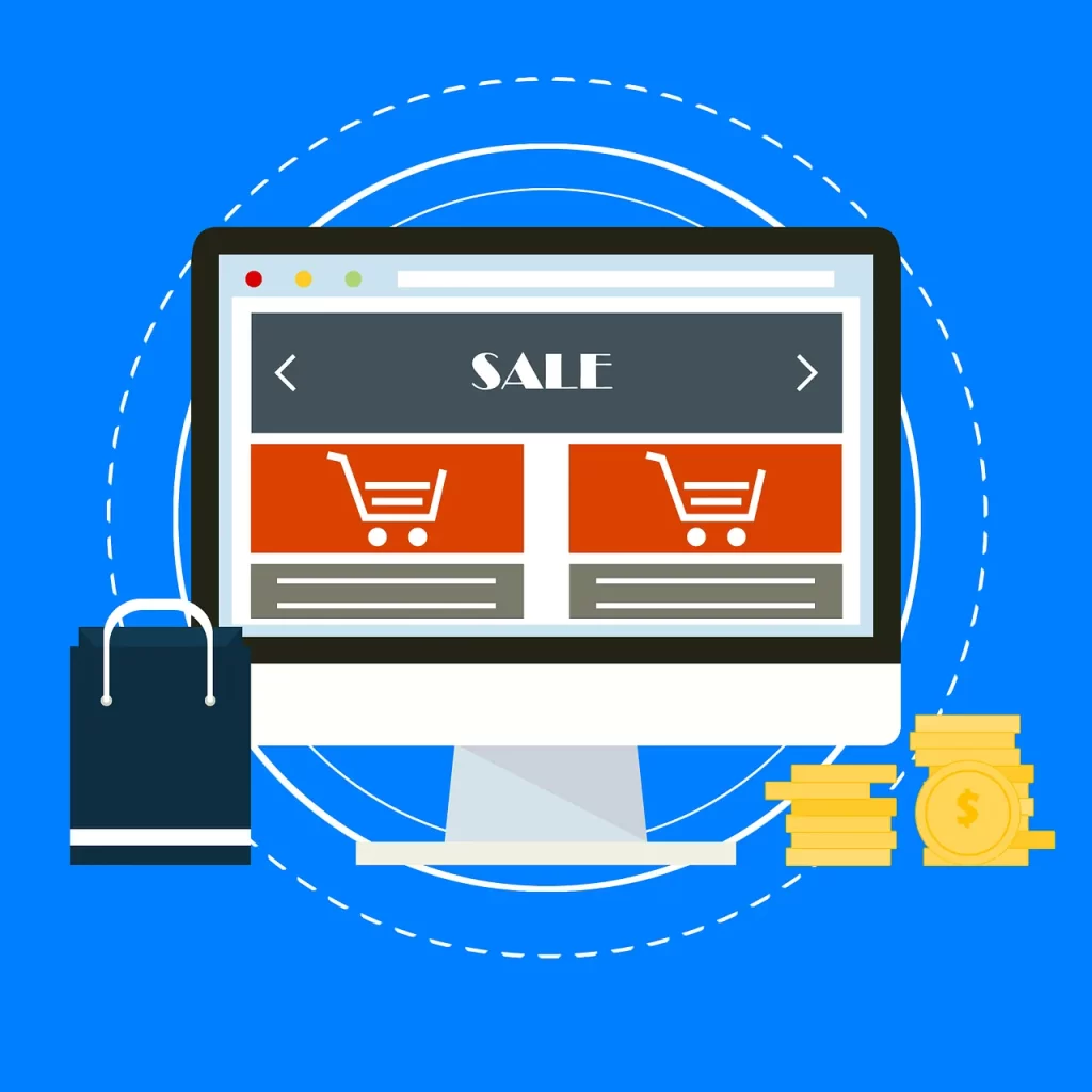 red ecommerce picture with a computer and 2 shopping carts